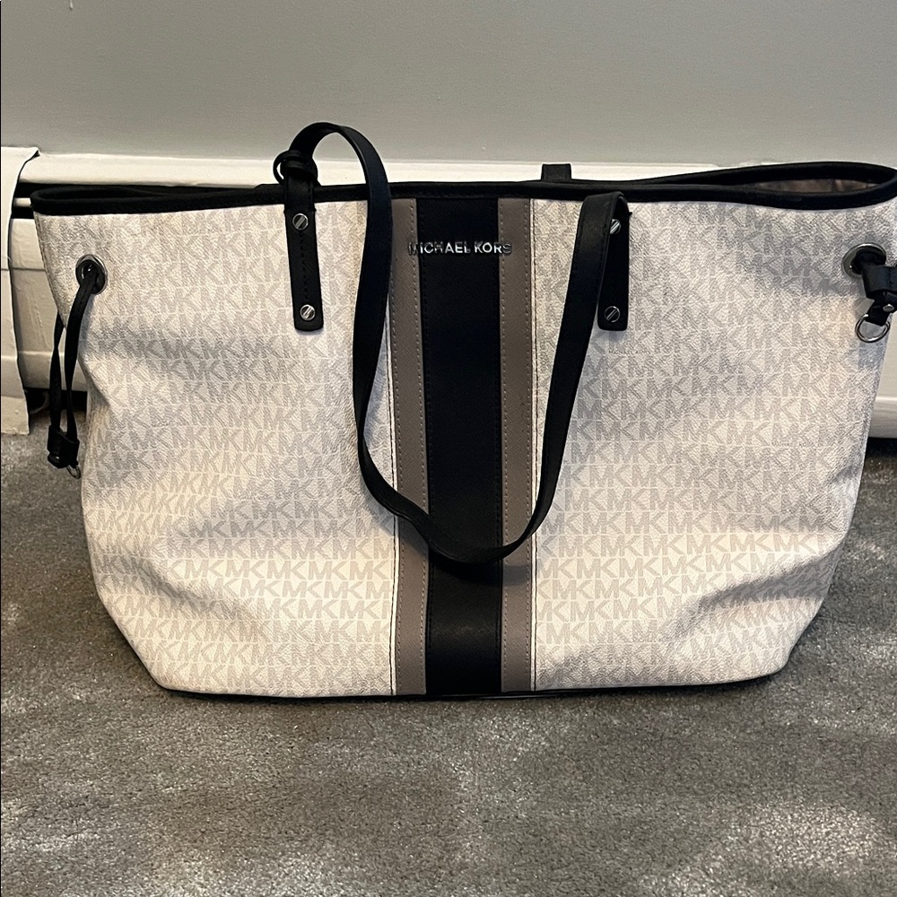 Michael Kors White and Black Signature Stripe Tote with Gray Accents